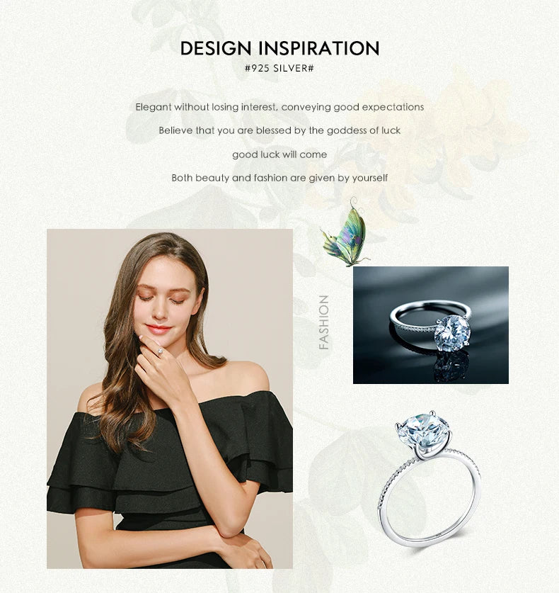 2023 Classic Luxury Real Solid 925 Sterling Silver Ring 3Ct 10 Hearts Arrows Zircon Wedding Jewelry Rings Engagement For Women