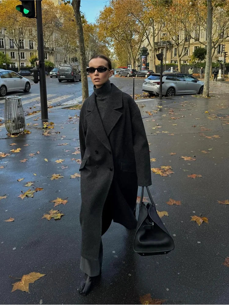 Women's Fashion Casual Loose Long Coat Coat Autumn and Winter Double-breasted Lapel Coat Warm and Soft Solid Colour Coat