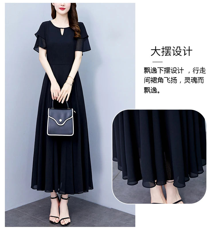 2024 Black Chic Ruffled Short Sleeve Midi Vestidos Women Vintage Hepburn Prom Long Robe Summer Solid Elegant Bodycon Party Dress