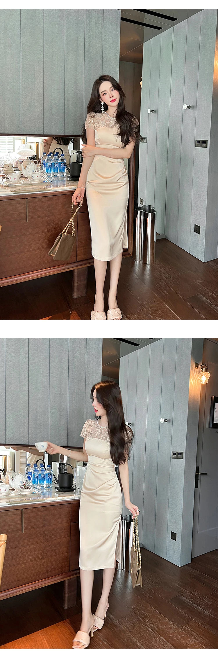 Summer Women Midi Dress Elegant Sheer Lace Satin Panel Shiny Diamond Sequins Pleated Slit Slim Lady Outfit Party Office Vestido