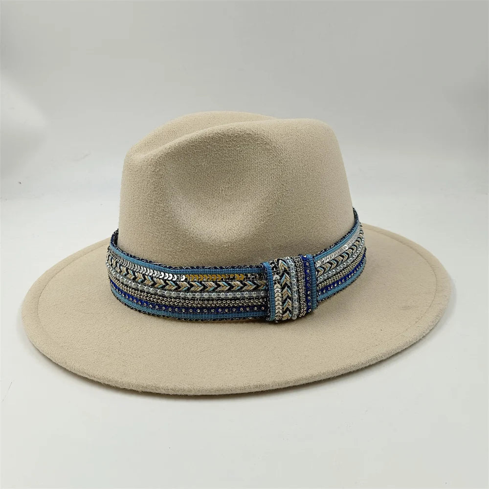 Blue Fedora Hat Pearl Rhinestone Design for Men and Women Panama Church Cap Fashionable Elegant Vintage Felt Hat fedoras