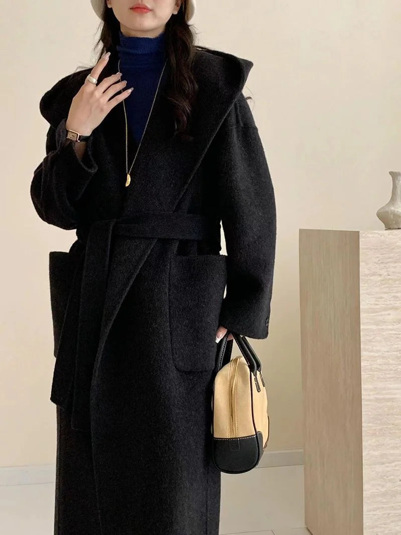 Wool Beige Pocket Belted Long Woolen Coat New Hooded Long Sleeve Women Jacket Fashion Tide Autumn Winter 2025 New