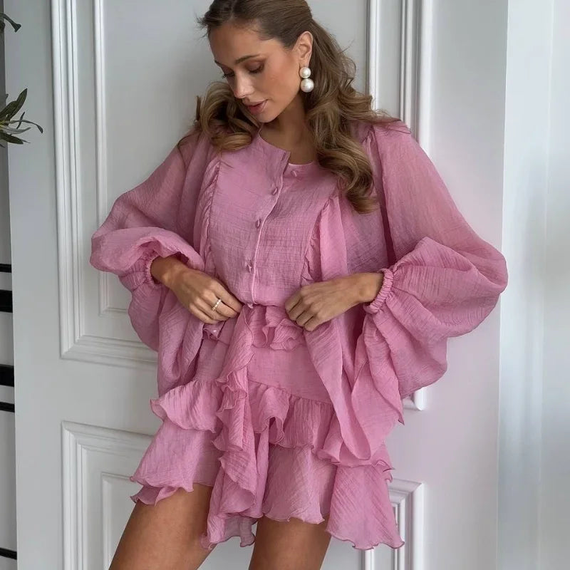 Women Single Breasted Ruffles Dress Fashion Solid Lantern Sleeve Loose Pleated Vestidos Summer Lady Vacation Party Gowns 2025