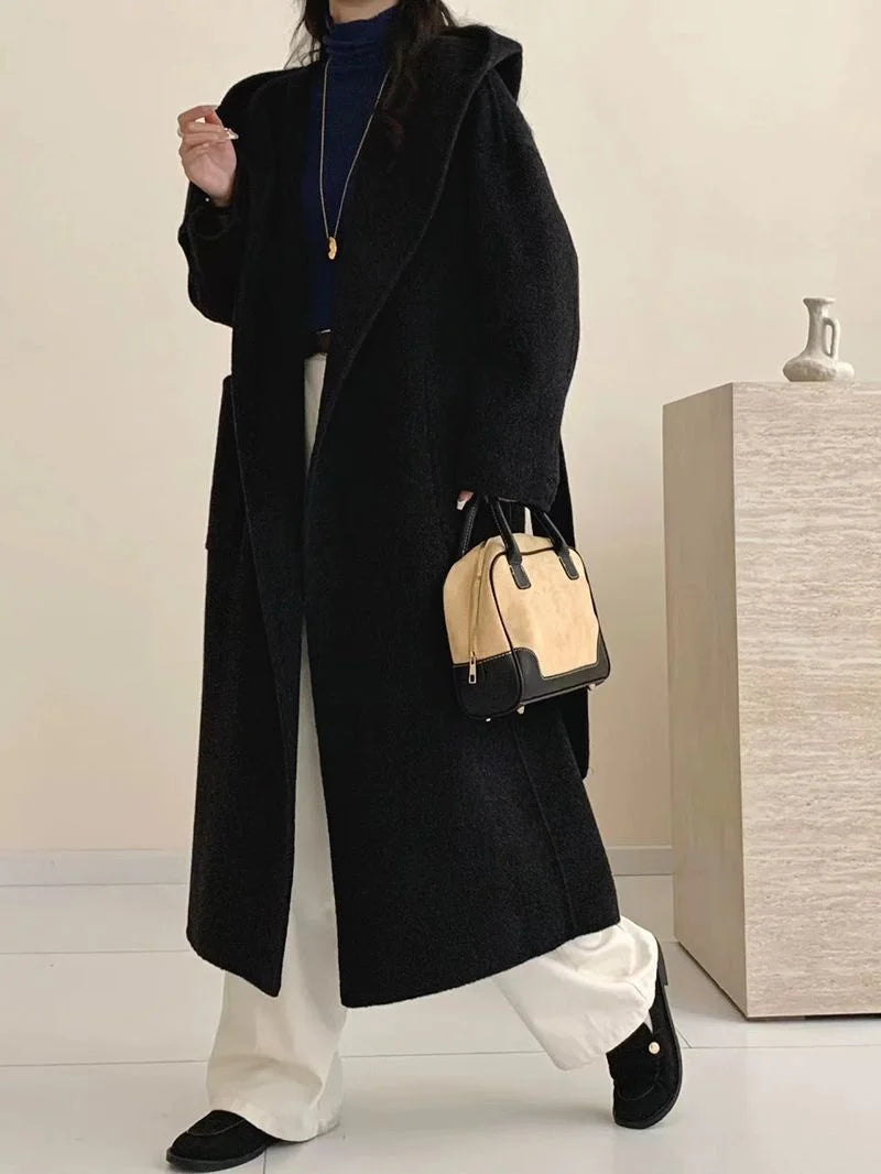 Wool Beige Pocket Belted Long Woolen Coat New Hooded Long Sleeve Women Jacket Fashion Tide Autumn Winter 2025 New
