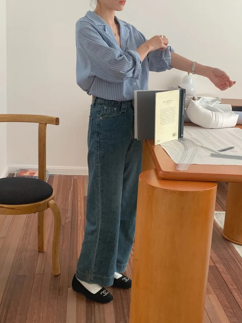 Chic Autumnal Vintage Loose Fit Long Sve Blue Striped irt Women's Faion Versatile Double ket Suit Collar Outfit