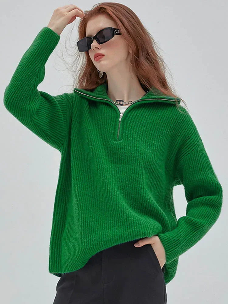 Women's Winter Sweaters Solid Grey Ladies Turtleneck Casual Loose Thick Zippers Pullovers Beautiful Oversized Sweater Women