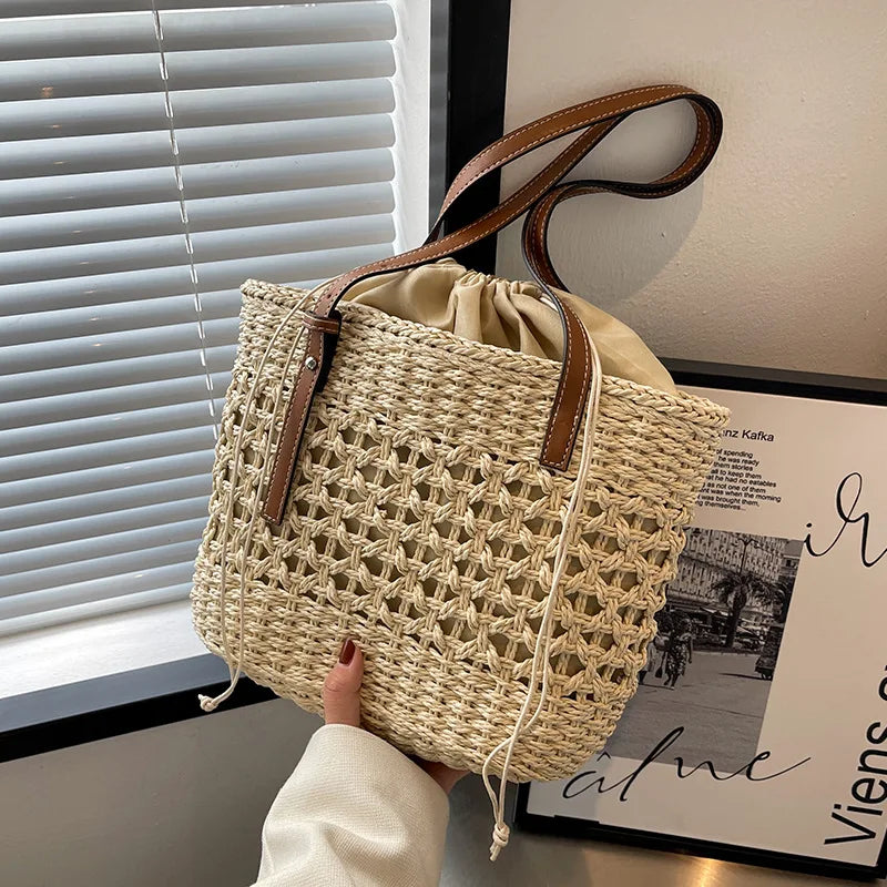 Summer Woven Straw Bucket Bag For Women Travel Beach Bags Large Capacity Armpit Bags Bohemia Knitted Shopping Totes Bolsa sac