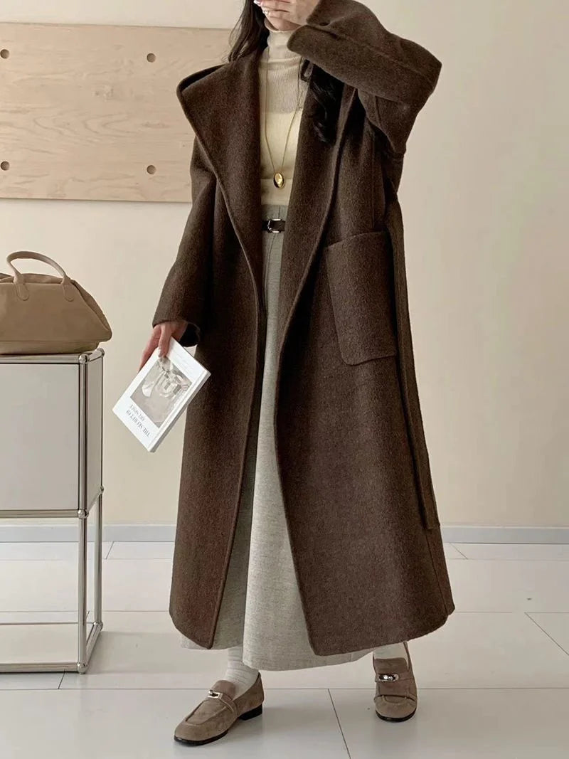 Wool Beige Pocket Belted Long Woolen Coat New Hooded Long Sleeve Women Jacket Fashion Tide Autumn Winter 2025 New