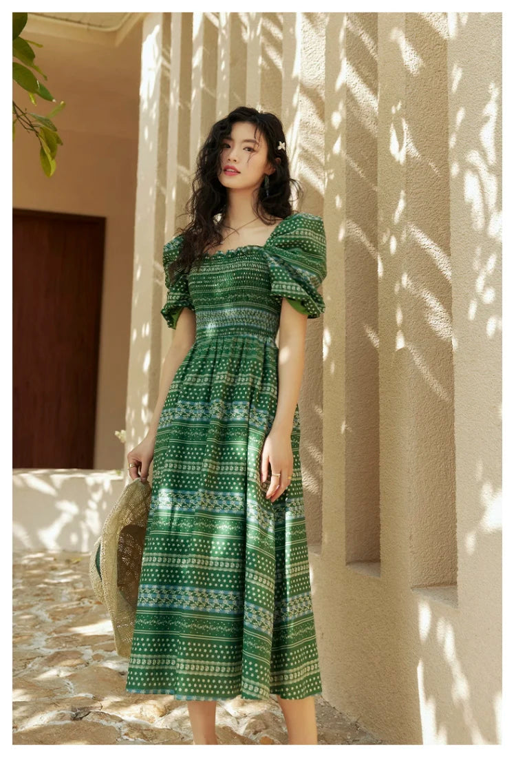 ARTKA 2023 Summer New Women Dress Vintage Print Green Square Collar Dresses Short Puff Sleeve A-line Long Dress Female LA92038X
