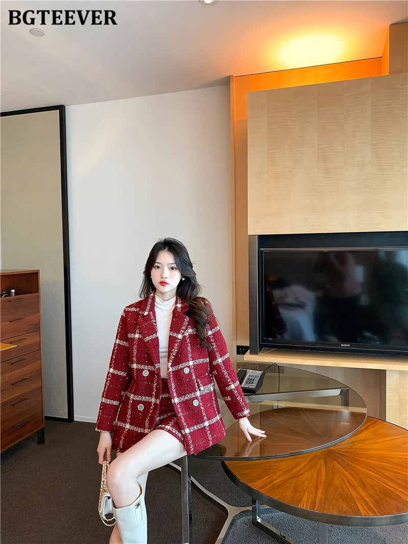 BGTEEVER Winter Thicken Warm Ladies Plaid Blazer Suits Long Sleeve Double Breasted Suit Jackets & Shorts Women 2 Pieces Set