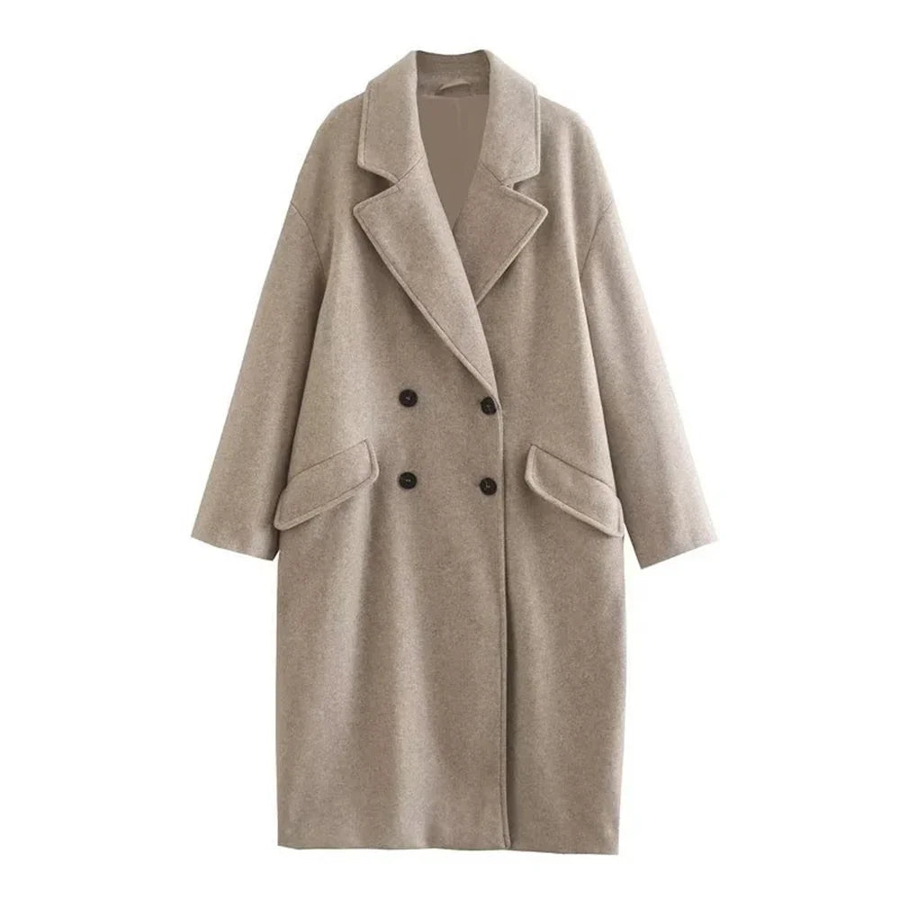 Women's Fashion Casual Loose Long Coat Coat Autumn and Winter Double-breasted Lapel Coat Warm and Soft Solid Colour Coat