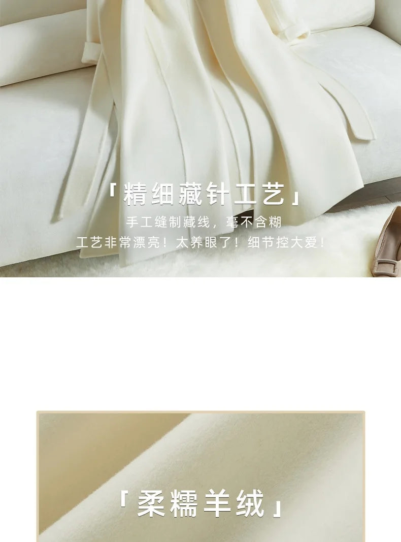 White Belt Double-sided Cashmere Coat Women's 2024 New Fashion Temperament Winter Slim Wool Coat Solid Female Long Windbreaker