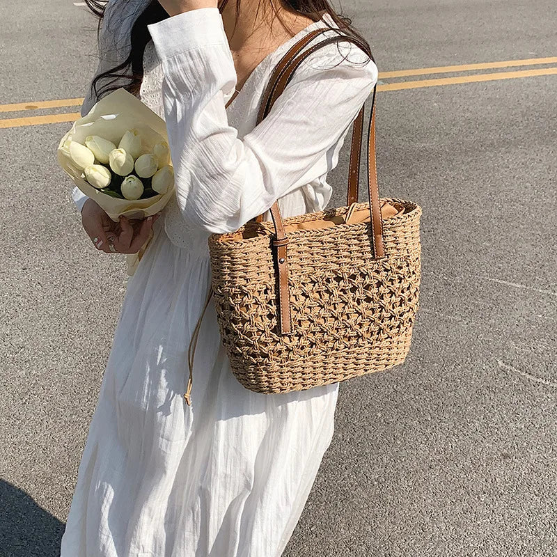 Summer Woven Straw Bucket Bag For Women Travel Beach Bags Large Capacity Armpit Bags Bohemia Knitted Shopping Totes Bolsa sac