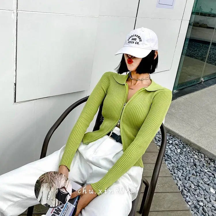 Elegant Korean Knitted Sweater Sexy Lapel Zipper Up Cardigan Women Vintage Harajuku Slim Coat Casual Ribbed Knit Cropped Tops