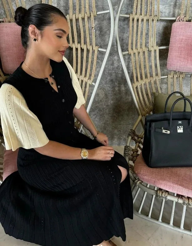 Elegant Knitted Single Breasted Midi Dress Women's Patchwork Dresses Female 2025 Summer Robe New Black Beige Robes Evening Party