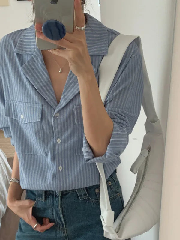 Chic Autumnal Vintage Loose Fit Long Sve Blue Striped irt Women's Faion Versatile Double ket Suit Collar Outfit