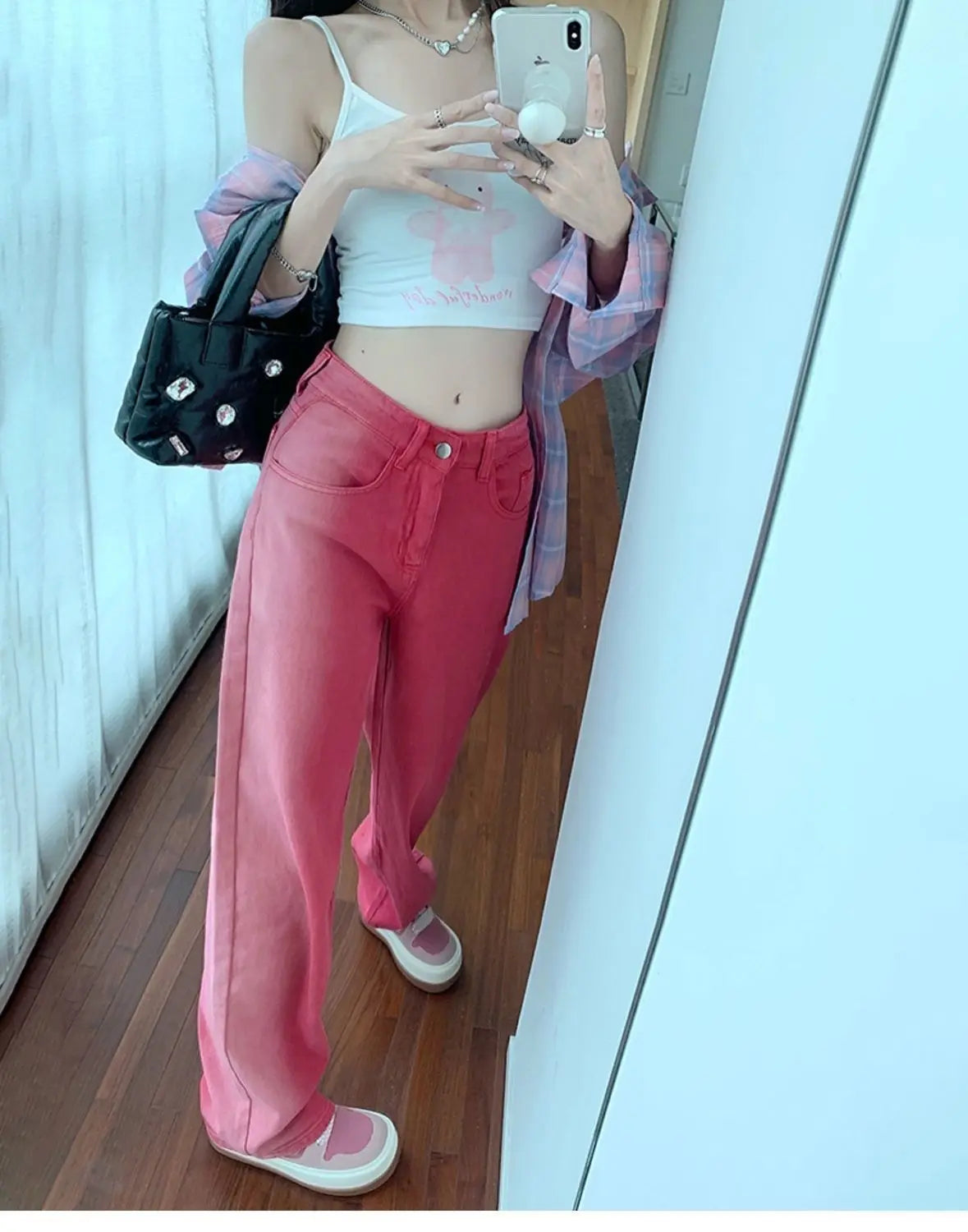 Vintage Streetwear Gradient Pink Jeans Women High Waist Straight Wide Leg Pants Straight Denim Female Trousers