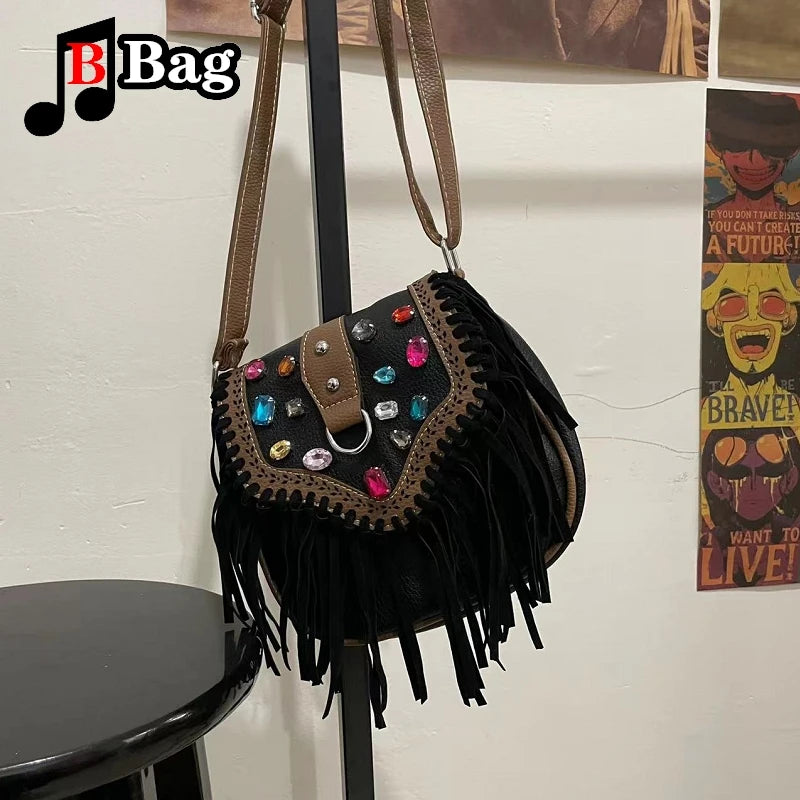 Vintage PU Leather Tassels Bags Y2K Women Girl Gemstone Fringed Shoulder Bags Female Punk Cross Messenger Bags phone bag
