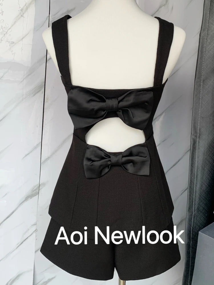 Aoi Summer Y2k Women 2 Piece Suit French Back Bowknot Collar Luxury Diamond Spaghetti Vestidos Sexy Strap Camisole+Shorts Set