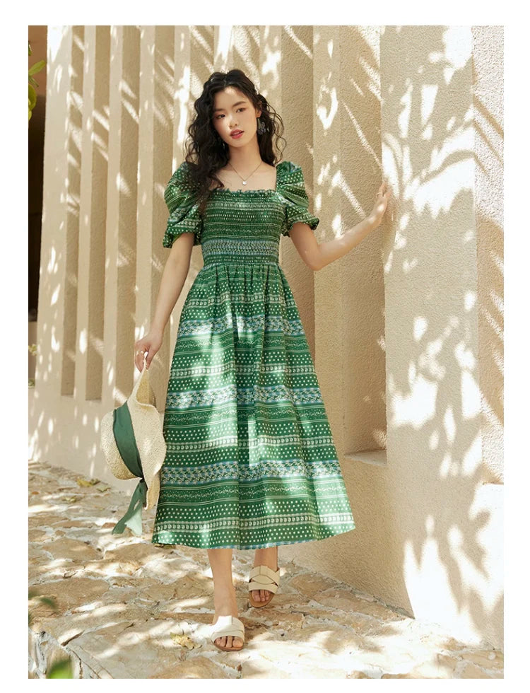 ARTKA 2023 Summer New Women Dress Vintage Print Green Square Collar Dresses Short Puff Sleeve A-line Long Dress Female LA92038X