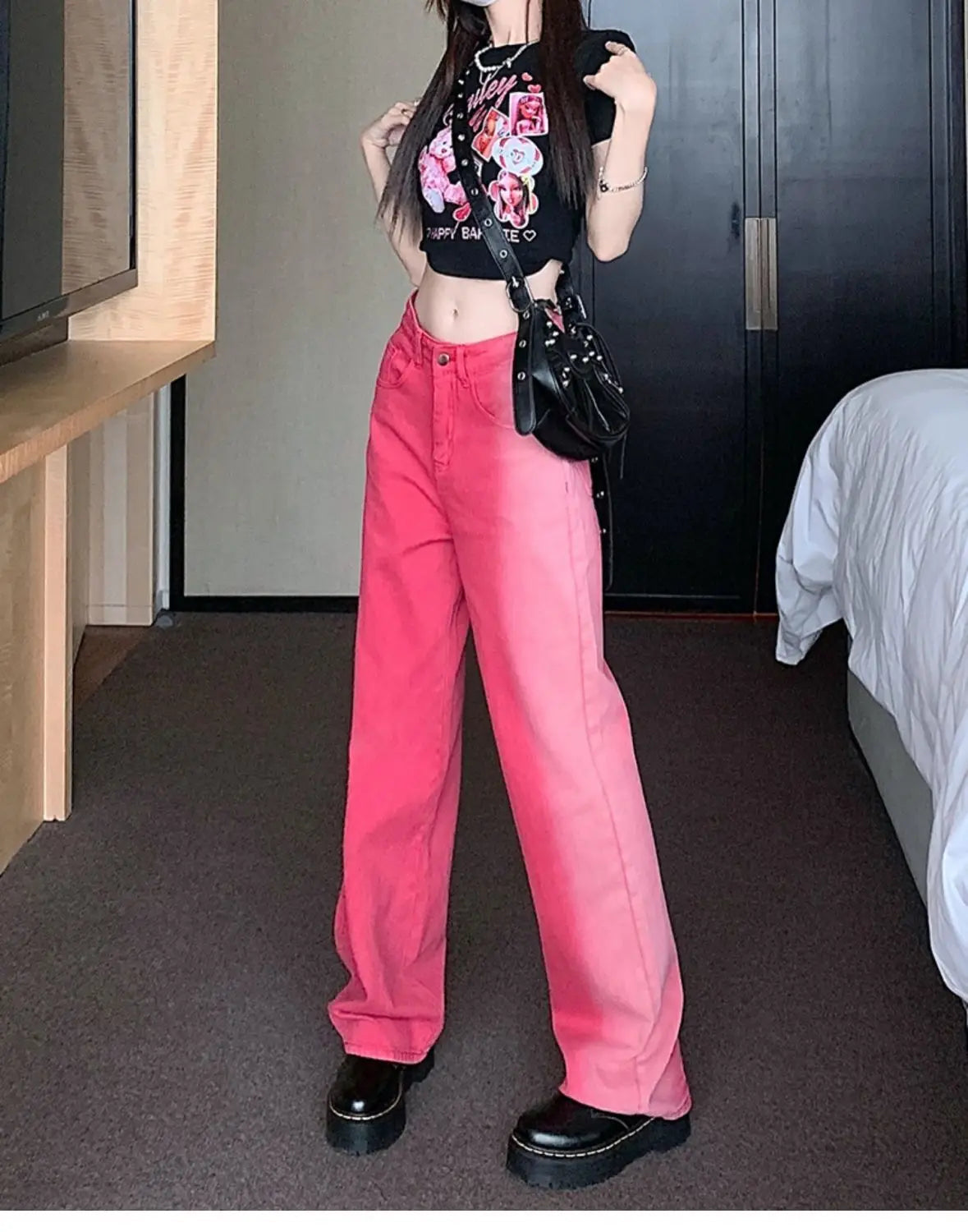 Vintage Streetwear Gradient Pink Jeans Women High Waist Straight Wide Leg Pants Straight Denim Female Trousers