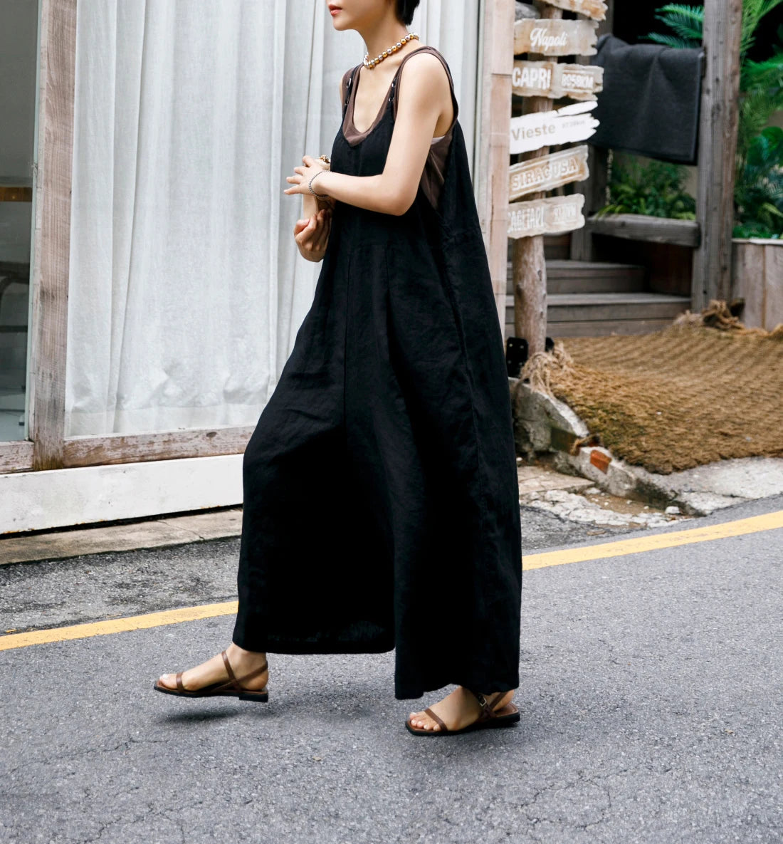 Women's Cotton and Linen Wide leg Jumpsuit Bf Casual Trousers Skirt Strappy Hemp Sling One Piece Pants