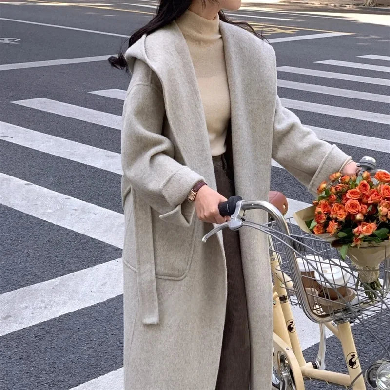 Wool Beige Pocket Belted Long Woolen Coat New Hooded Long Sleeve Women Jacket Fashion Tide Autumn Winter 2025 New