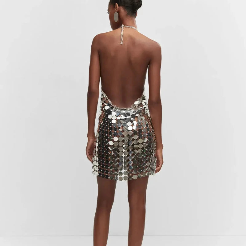 Female Silver Backless Halter Sequin Disc Chainmail Mini Cocktail Dresses Night Club Party Dress with metallic discs