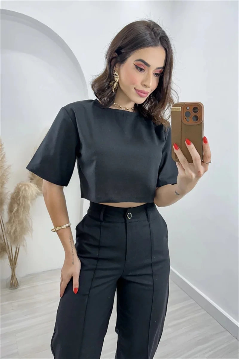 Casual New In Matching Two Piece Sets Women Summer 2024 Fashion Short Sleeve T-shirt Crop Tops High Waist Wide Leg Pant Sets