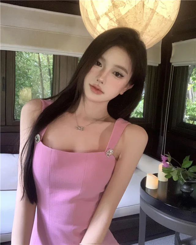 Aoi Summer Y2k Women 2 Piece Suit French Back Bowknot Collar Luxury Diamond Spaghetti Vestidos Sexy Strap Camisole+Shorts Set