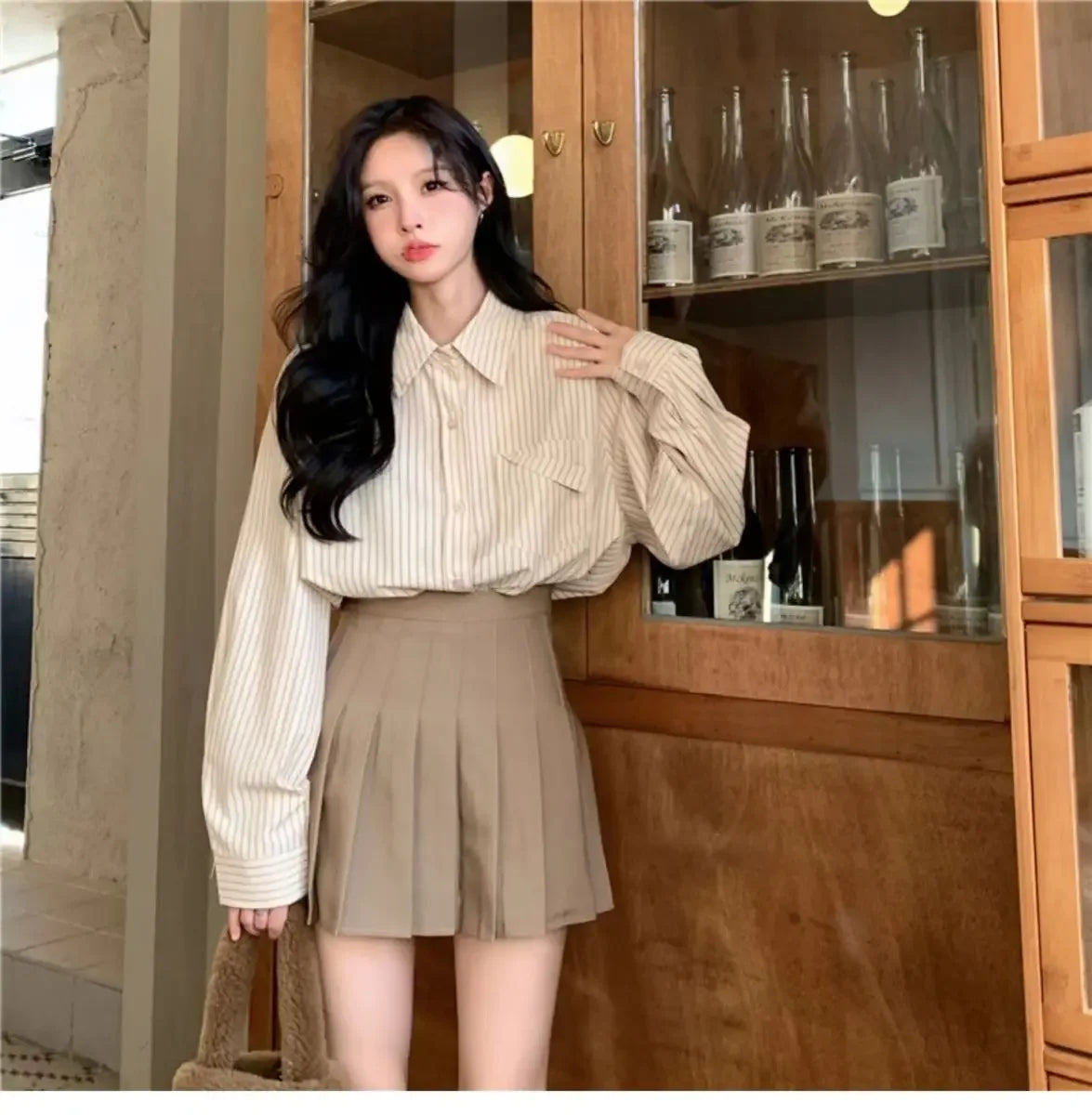 korean fashion Shirts for Women Loose Versatile Long Sleeves Blouse Pocket Casual Spring New Blue Striped Women's Shirt