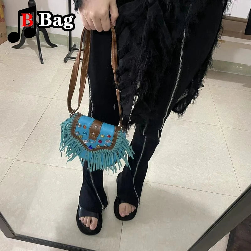 Vintage PU Leather Tassels Bags Y2K Women Girl Gemstone Fringed Shoulder Bags Female Punk Cross Messenger Bags phone bag