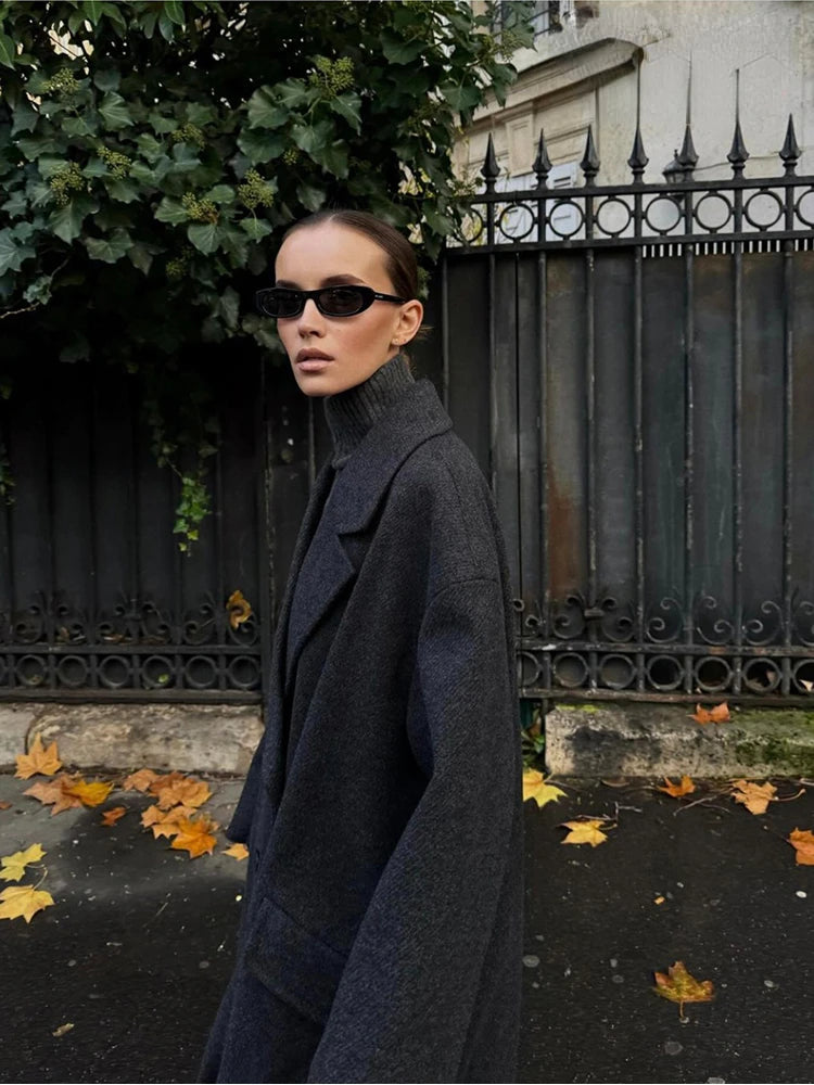 Women's Fashion Casual Loose Long Coat Coat Autumn and Winter Double-breasted Lapel Coat Warm and Soft Solid Colour Coat