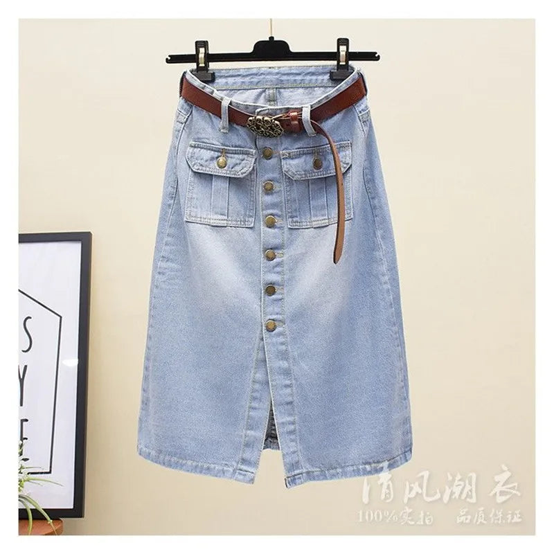 2024 Women Spring Autumn New Front Split Denim Sheath Skirts Female Single-Breasted Midi Skirts Ladies High Waist Pencil Skirts
