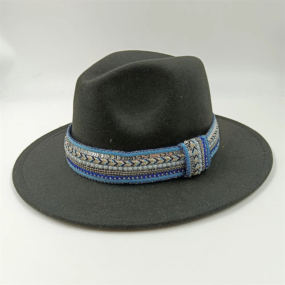 Blue Fedora Hat Pearl Rhinestone Design for Men and Women Panama Church Cap Fashionable Elegant Vintage Felt Hat fedoras
