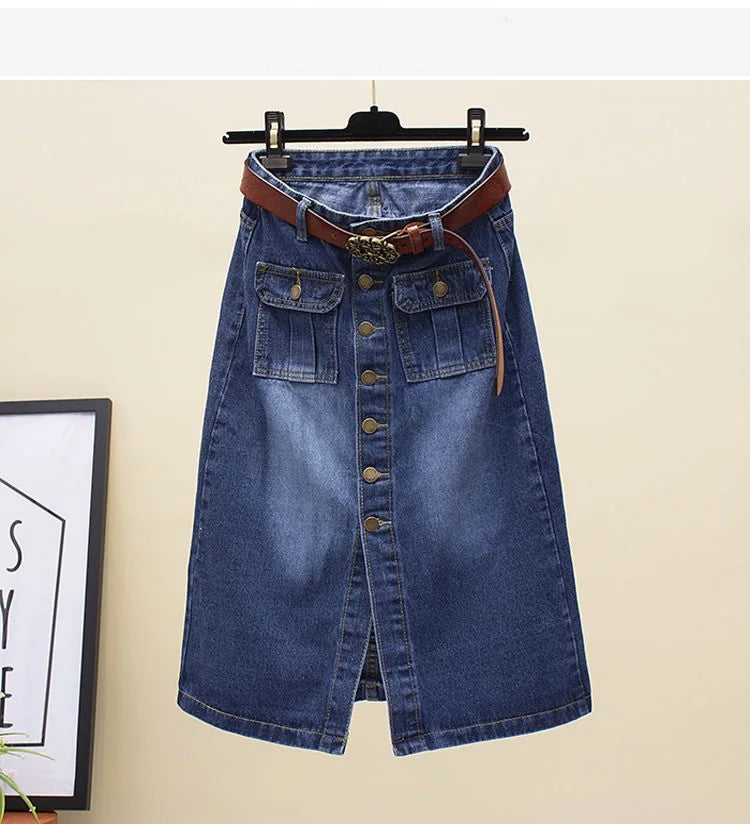 2024 Women Spring Autumn New Front Split Denim Sheath Skirts Female Single-Breasted Midi Skirts Ladies High Waist Pencil Skirts