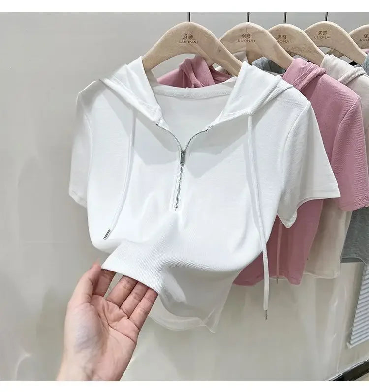 Hoodedslims Women's Double Zip Short Sleeve T-Shirt Cropped Top Sensible Design Polyester Fiber Summer 2025 New Arrival Jacket