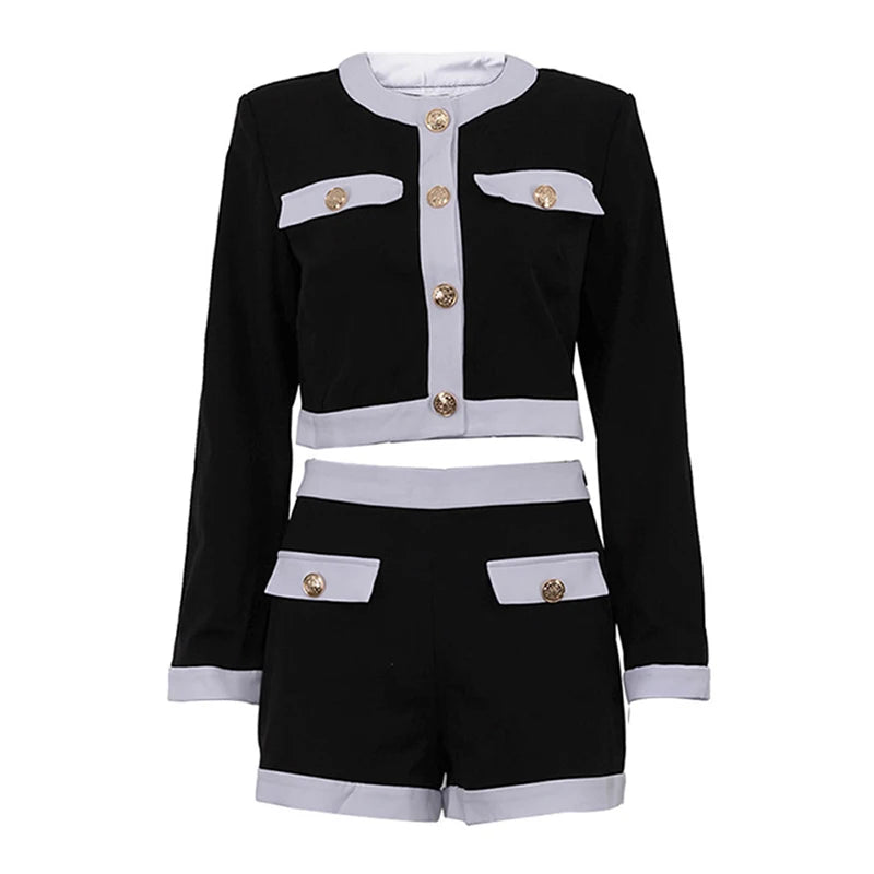 Women Sexy Black Knit Short Pants Suit Elegant Sleeveless Double Pockets Single Breasted Buckle Top 2-piece Set 2025 New Outfits