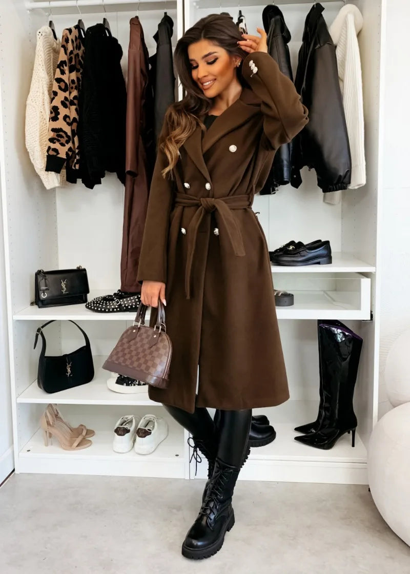 Women's Woolen Coat Autumn Winter Vintage Elegant Double Breasted Trench Coat Women Brown Long Sleeved Midi Windbreaker Jacket