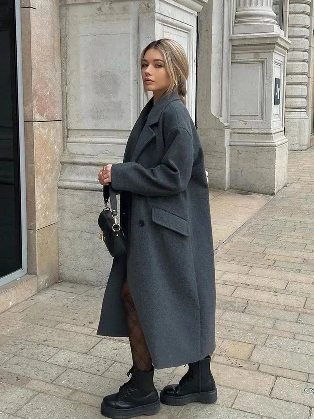 Women's Fashion Casual Loose Long Coat Coat Autumn and Winter Double-breasted Lapel Coat Warm and Soft Solid Colour Coat