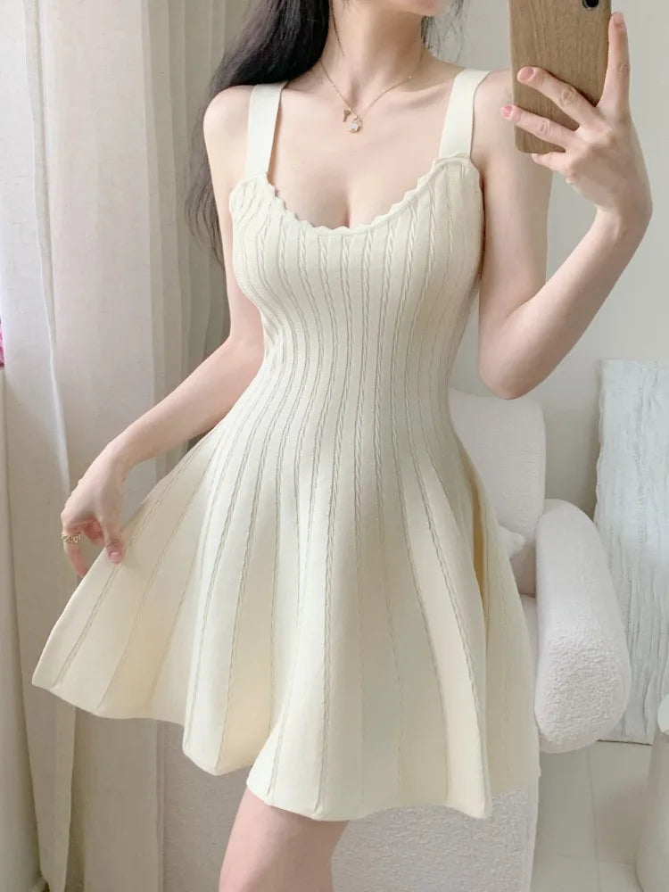 Neploe Fashion Square Collar Knitted Camisole Dresses Sexy Slim Waist Vest Dress for Women 204 Summer New Black Vestidos Mujer
