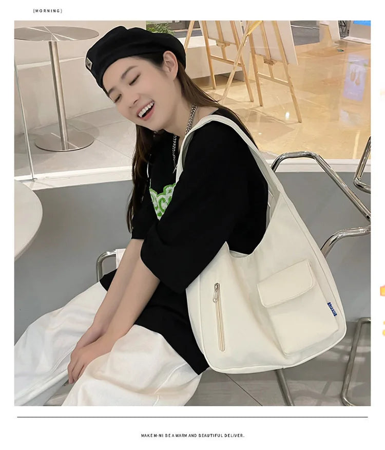 Japanese Casual Shoulder Bag Women Pure Color Large Capacity Handbags and Purses Student Book Bag Tote Bag Nylon Bag Bolso Mujer