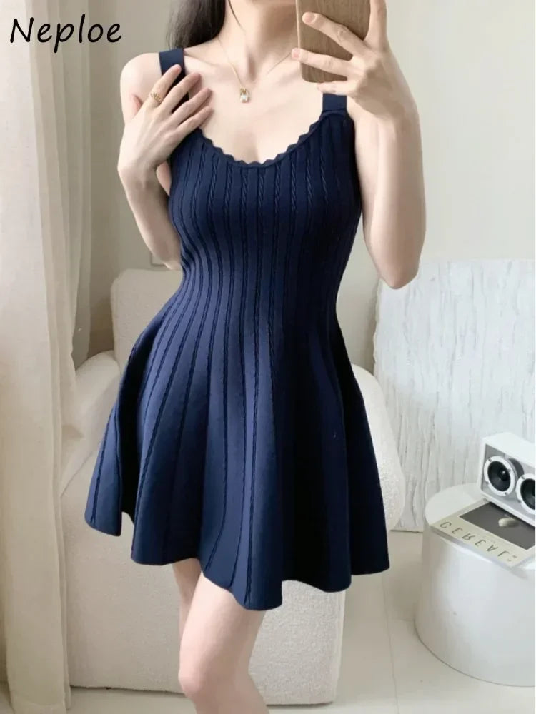 Neploe Fashion Square Collar Knitted Camisole Dresses Sexy Slim Waist Vest Dress for Women 204 Summer New Black Vestidos Mujer