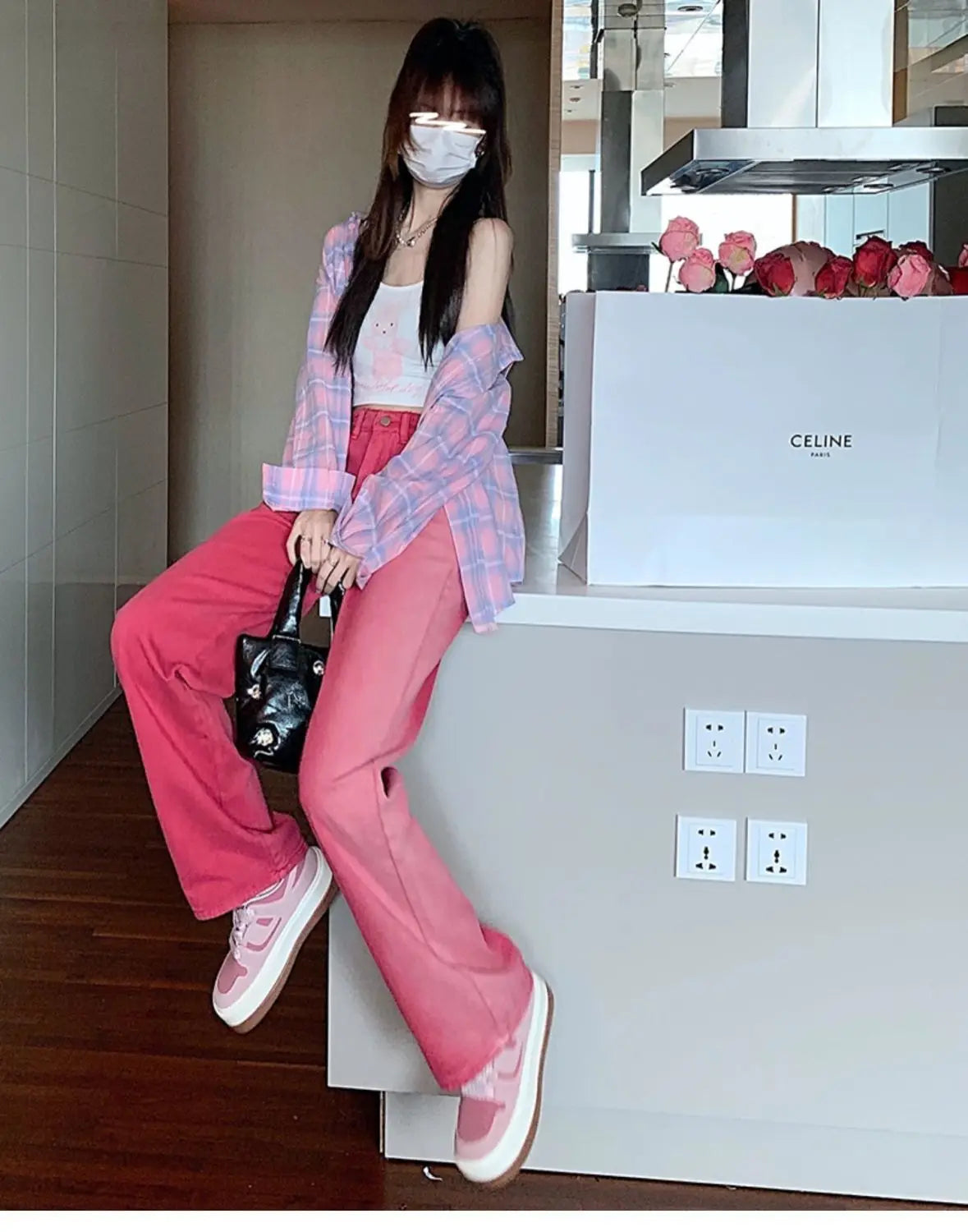 Vintage Streetwear Gradient Pink Jeans Women High Waist Straight Wide Leg Pants Straight Denim Female Trousers