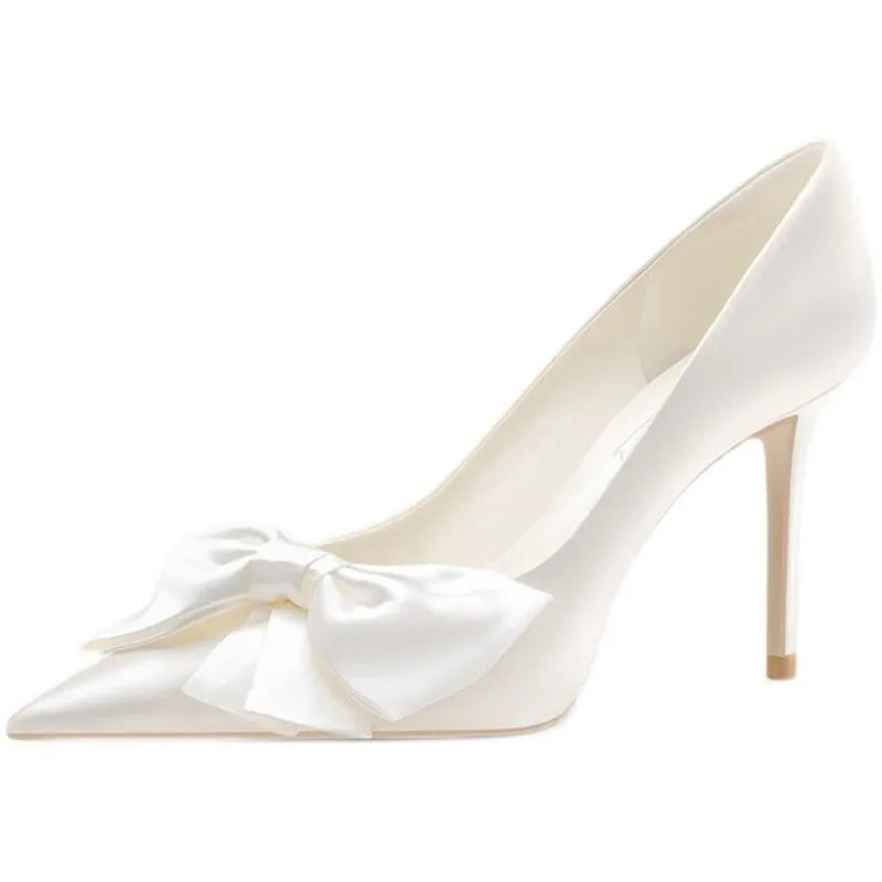 Fashion White Satin Bow Heels Women Pumps Shoes 2023Butterfly High Heels Pumps Elegant Heeled Wedding Shoes