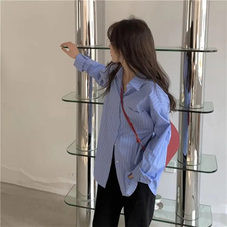 Sun Protection Korean Style Women's Clothing Spring and Summer Stripe Long Sleeve Blouses Outdoor Cardigan Clothes Shirts