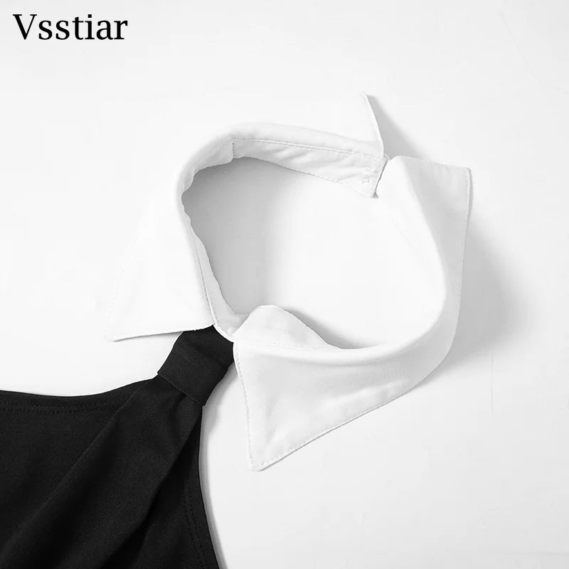 Vsstiar Elegant Turn-down Collar Mini Dress For Women Sexy Backless Sleeveless Vestidos Summer Fashion Streetwear Party Dress