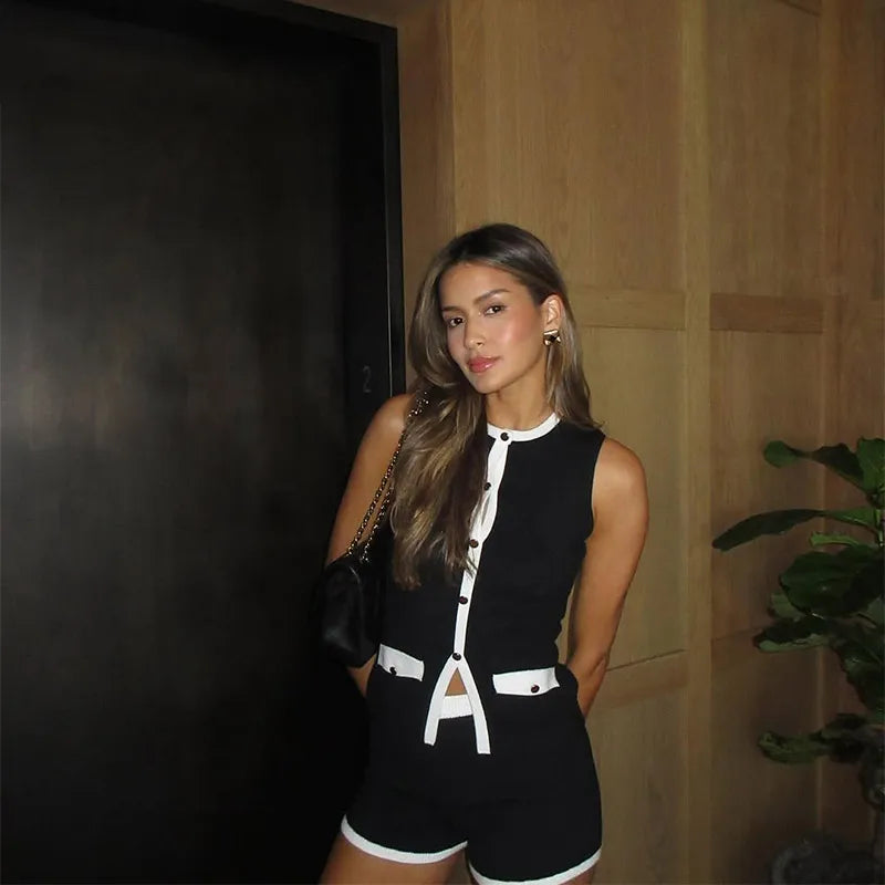 Women Sexy Black Knit Short Pants Suit Elegant Sleeveless Double Pockets Single Breasted Buckle Top 2-piece Set 2025 New Outfits