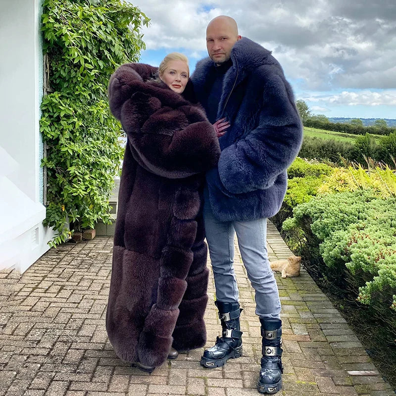 Genuine Full Pelt Fox Fur Jacket Women Winter Vintage Wine Red Hooded Straight Outertwear Luxury Real Fox Fur Coats Female