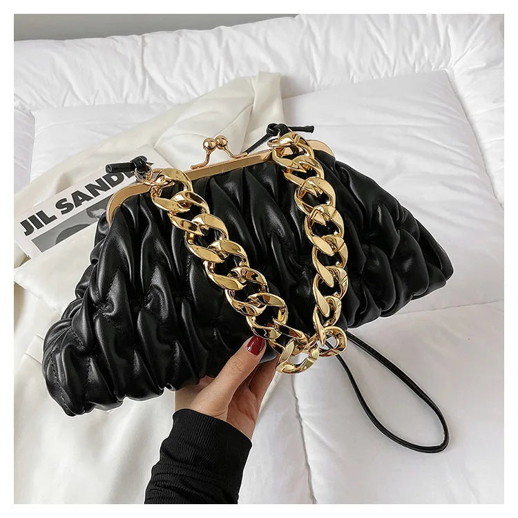 Pleated Lingge Fashion Shell Bag Women's Versatile Chain Handbag Casual One Shoulder Crossbody Chain Accessories Women's Bag